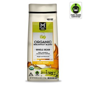 Member's Mark Organic Light Roast Whole Bean Coffee, Breakfast Blend, 40 oz.