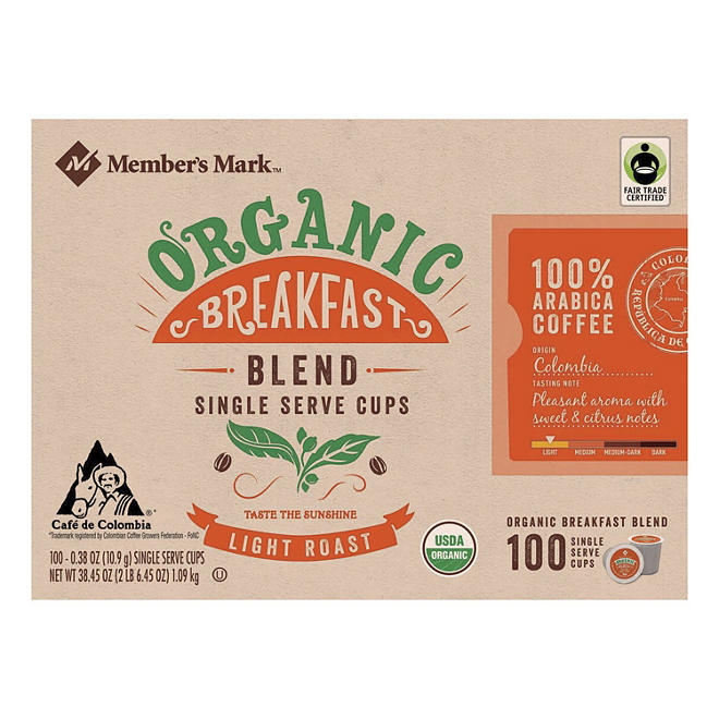 Member's Mark Organic Breakfast Blend Coffee, Single-Serve Cups (100 ct.)