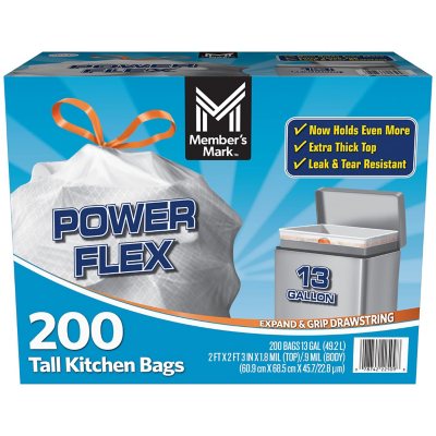 Member's Mark Power Flex Tall Kitchen Drawstring Trash Bags Unscented (13  gal., 200 ct.)