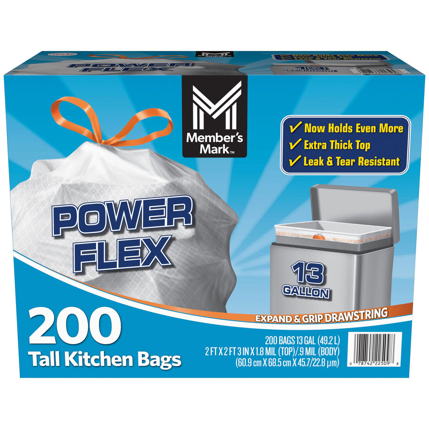 Member's Mark Power Flex Tall Kitchen Drawstring Trash Bags Unscented (13 gal, 200 ct.)