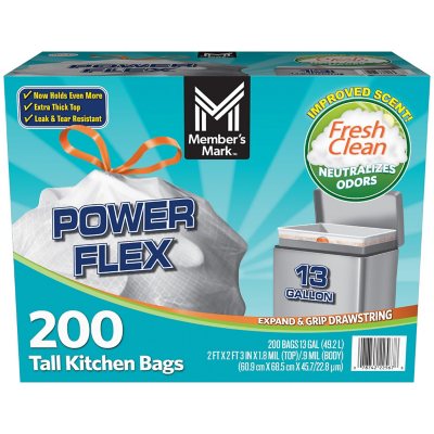 Member's Mark Power Flex Tall Kitchen Simple Fit Drawstring Bags 13 gal.,200 ct. 