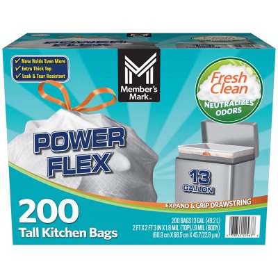 Member's Mark Power Flex Tall Kitchen Drawstring Bags, 200 Count