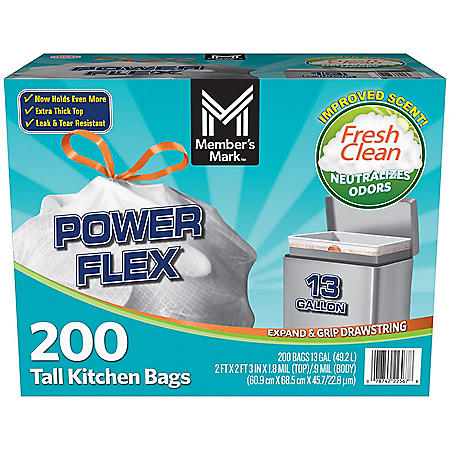 Member's Mark Power Flex Tall Kitchen Drawstring Trash Bags (13 Gallon, 2 Rolls of 100 ct., 200 count total)
