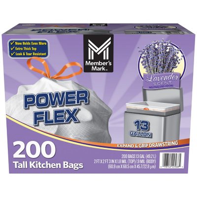 Member's Mark Power Flex Tall Kitchen Drawstring Trash Bags, Lavender (13  gal., 200 ct.) - Sam's Club