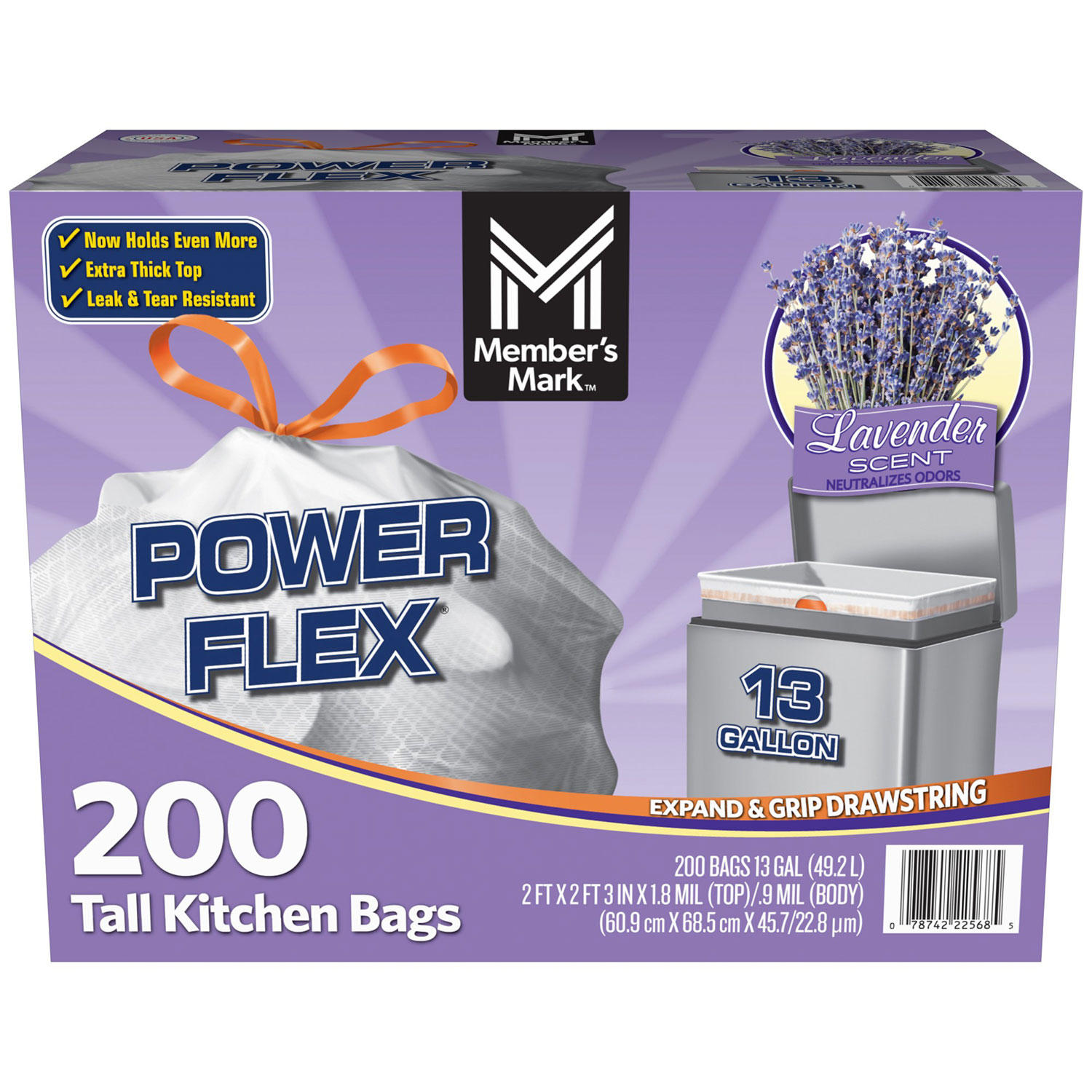 Member's Mark Power Flex Tall Kitchen Drawstring Trash Bags, Lavender (13 gal, 200 ct.)