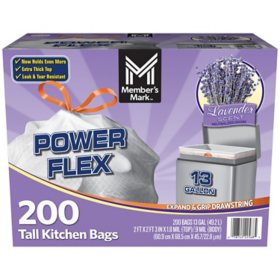 Member's Mark Power Flex Tall Kitchen Drawstring Trash Bags, Lavender 13 gal., 200 ct.