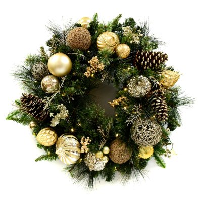 32" PRE-LIT MIXED GREENERY WREATH WITH GOLD LEAVES *NIOB 