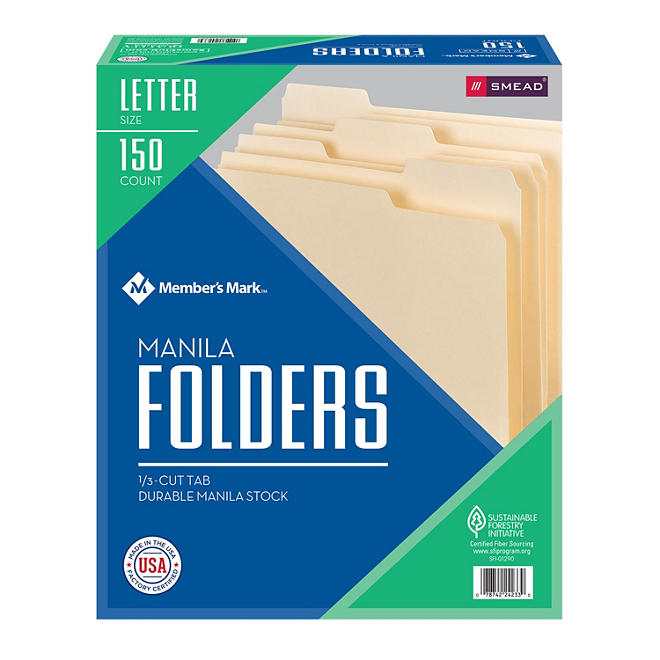 Member's Mark Smead File Folders, 1/3 Cut Assorted Tabs, Letter Size (150 ct.)