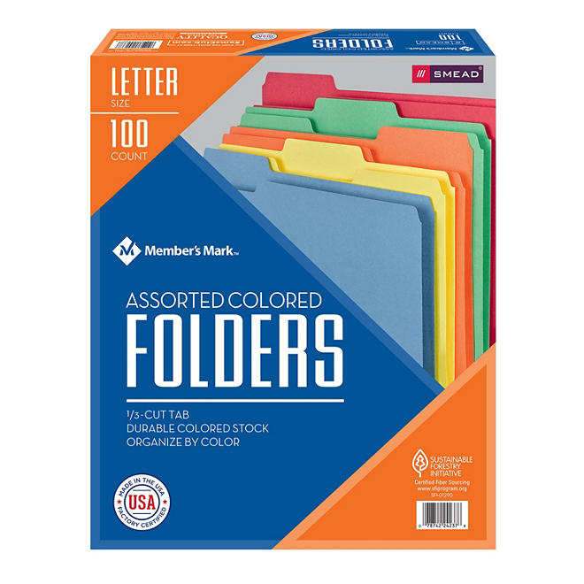 Member's Mark Smead File Folders, 1/3 Cut, Letter Size, Assorted Colors (100 ct.)