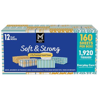 Member's Mark 2-Ply Facial Tissues, Flat Boxes (160 tissues/box, 12 boxes)  - Sam's Club