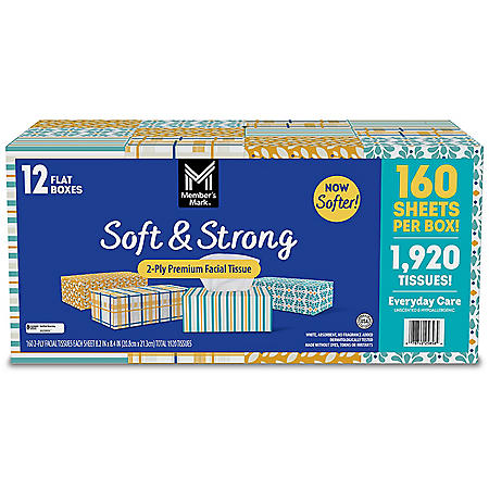 Member's Mark Soft & Strong Facial Tissues, 12 Flat Boxes, 160 2-Ply Tissues per Box (1920 Tissues Total)