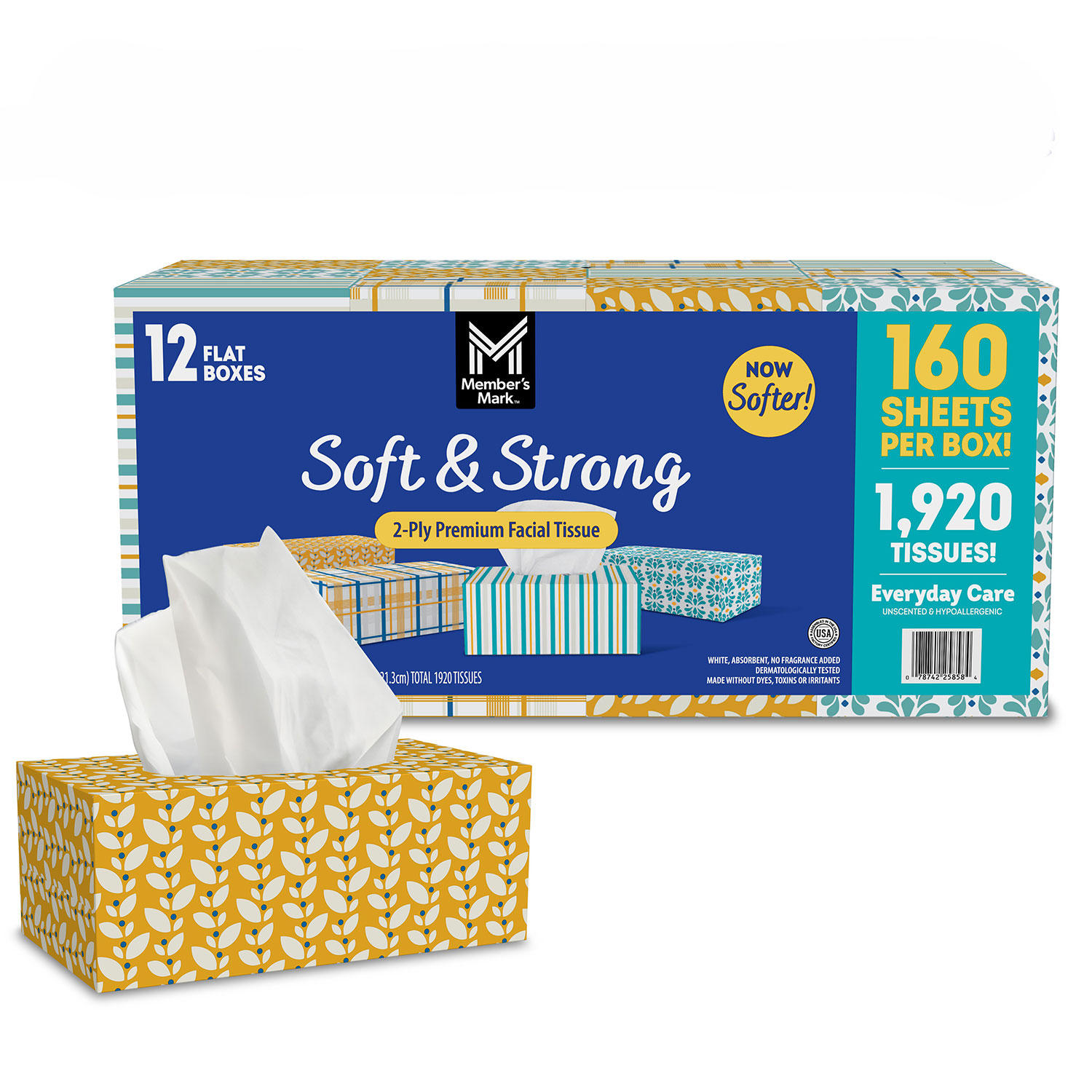 Member's Mark 2-Ply Facial Tissues, Flat Boxes (160 tissues/box, 12 boxes)