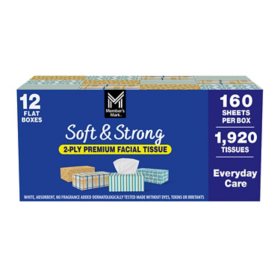 Member’s Mark Soft & Strong 2-Ply Premium Facial Tissues, 12 Flat Boxes, 160 tissues/box