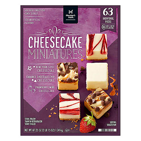 Member's Mark 1"x1" Cheesecake Minis (New York, Caramel Chocolate Chip, and Strawberry Swirl), 63-count, 47.25 oz