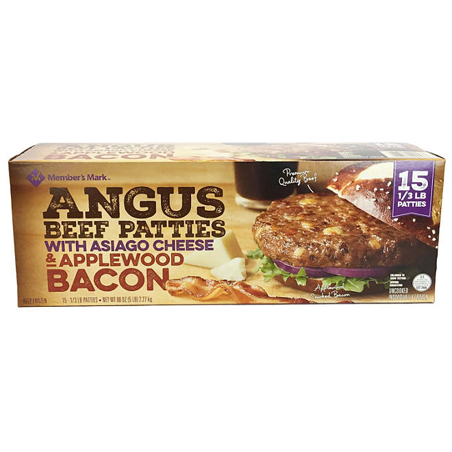 Member's Mark Asiago and Applewood Bacon Angus Patties (5 lbs, 15 patties)
