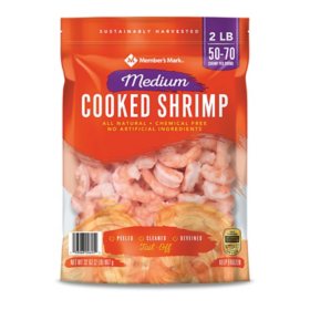 Member's Mark Medium Cooked Shrimp, Tail Off (2 lb. bag, 50-70 shrimp per pound)