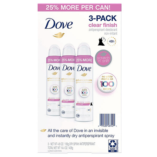 Dove Women's Invisible Dry Spray Antiperspirant Deodorant, 4.8 oz., 3 pk.