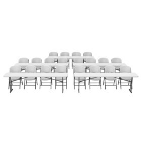 Lifetime Combo - (5) 8' L x 18" W Seminar Tables and (20) Folding Chairs, White