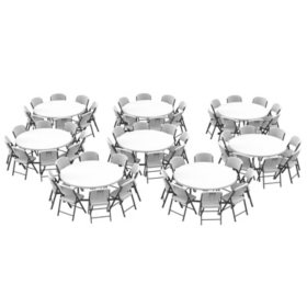 Lifetime 60-Inch Round Fold-In-Half Tables (8) and Chairs Set (64)