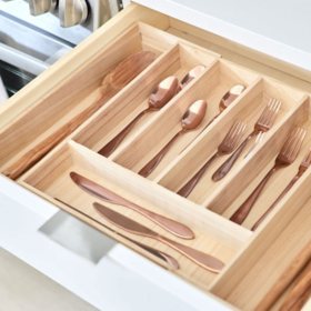 iDesign Renewable Paulownia Wood Collection Expandable Flatware and Cutlery Tray, 15" x 12"-22"