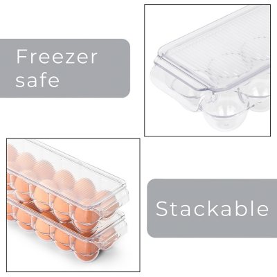 Vtopmart 2 pack Egg Holder for fridge 14 eggs Stackable Plastic Egg Tray lid