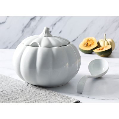 Martha Stewart 5 Quart Fine Ceramic Pumpkin Soup Tureen With Lid and Ladle in White