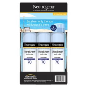 Neutrogena Ultra Sheer Body Mist Sunscreen Spray, SPF 70, 5 oz., 3 pk.