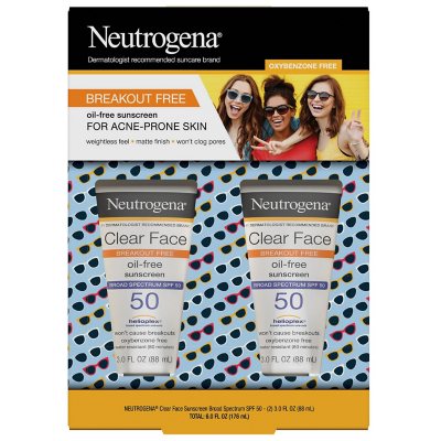 Neutrogena Clear Face Sunscreen, SPF 50, 3 oz, 2 pk.