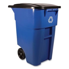 Rubbermaid Commercial BRUTE Recycling Rollout Trash Can with Hinged Lid, Blue 50 gal.
