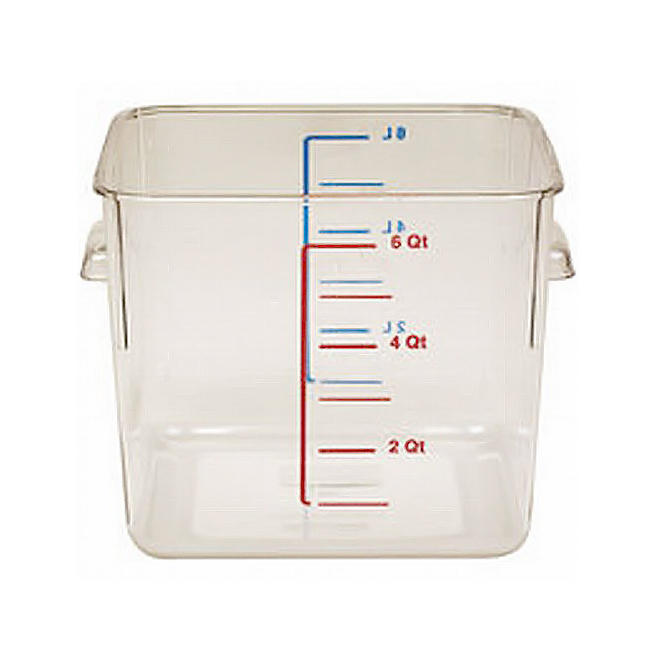 Two 6 QT clear food storage containers with lids.