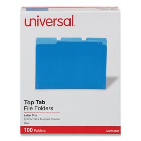 Universal File Folders, 1/3 Cut One-Ply Top Tab, Letter, 100/Box, Various Colors