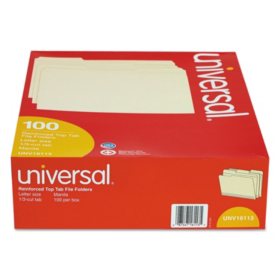 Universal® File Folders, 1/3 Cut Assorted, Two-Ply Top Tab, Manila, 100/Box, Various Types
