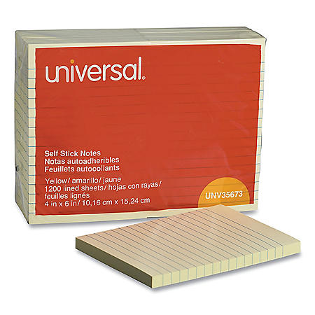 Universal Self-Stick Note Pads, Lined, 4 x 6, Yellow, 100-Sheet, 12/Pack