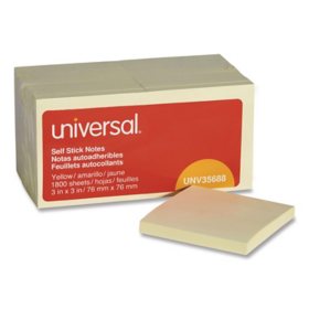 Universal Self-Stick Note Pads, 3 x 3, Yellow, 100-Sheet, 18/Pack
