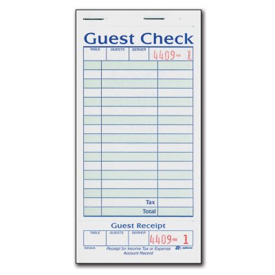 1-Part Guest Check with Stub - 20 books/50 Checks