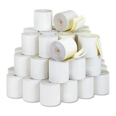 Iconex Impact Printing Carbonless Paper Rolls, 3 x 90 ft, White/Canary, 50/Carton