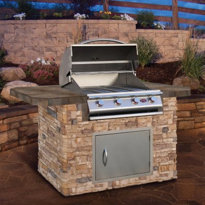 Cal Flame 6' Stone BBQ Island with Bar Depth Top and 4-Burner Gas Grill ...