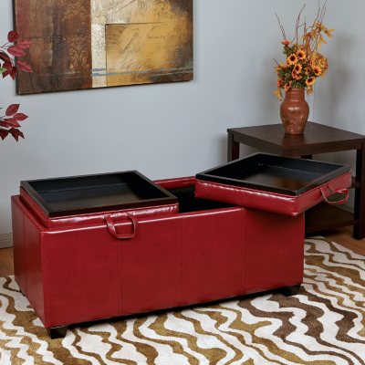 Red faux deals leather ottoman