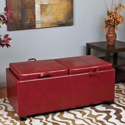 OSP Designs Metro Crimson Red Faux Leather Storage Ottoman with Reversible Dual Seat Cushions Dual Wood Trays Sam s Club