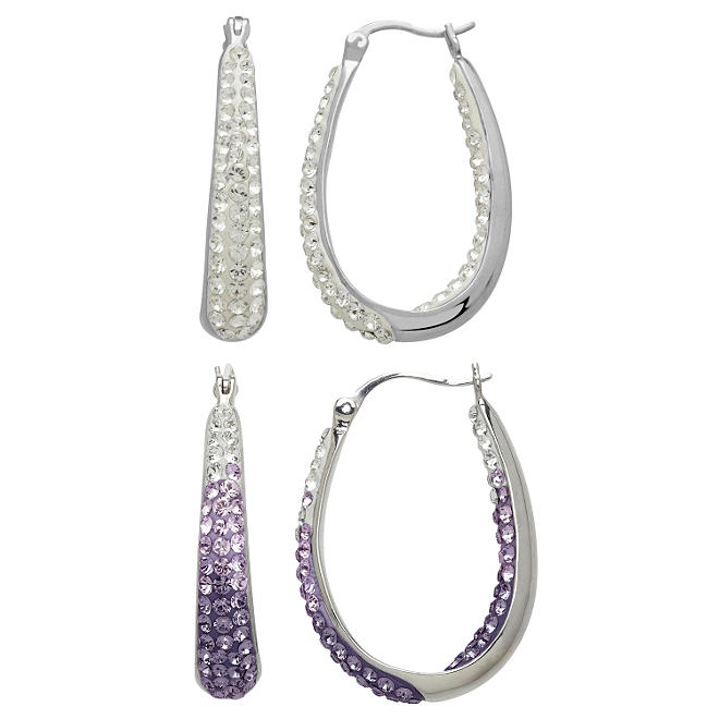Purple and White Crystal Hoop Earrings Set in Sterling Silver