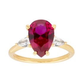 Pear Cut Lab Created Ruby Three Stone Ring in 14K Gold