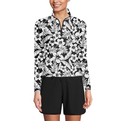 Lands' End Women's Qtr Zip Rashguard Black White Floral XXL:- Black White Floral, XXL