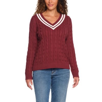 LANDS' END V-NECK CABLE SWEATER - BURGUNDY L:- L, Burgundy