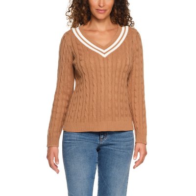 LANDS' END V-NECK CABLE SWEATER - CAMEL XXL:- XXL, Camel