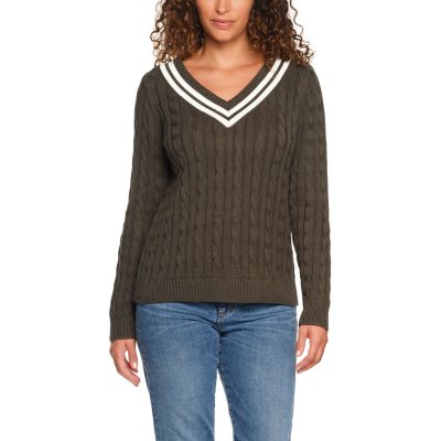 LANDS' END V-NECK CABLE SWEATER - GREEN XXL:- XXL, Green