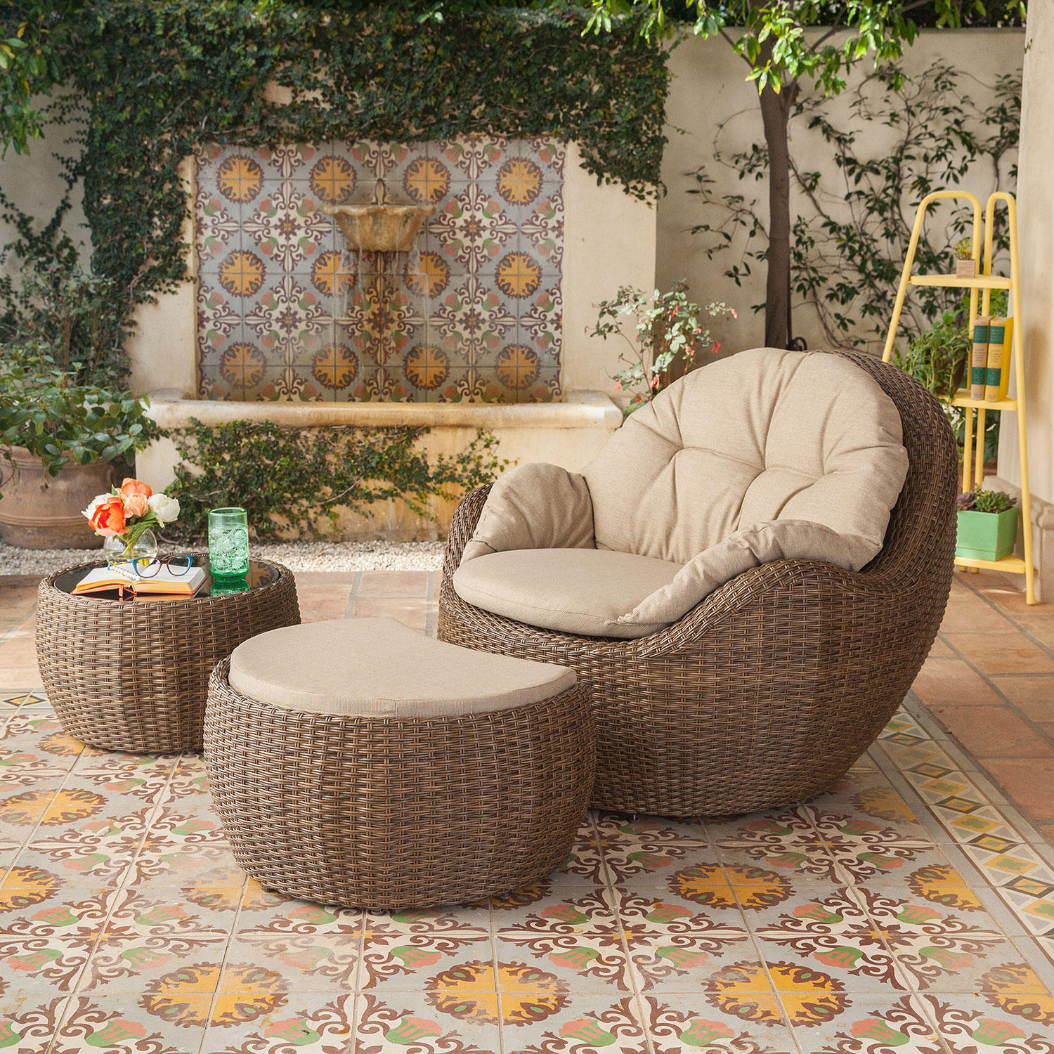 Royal Garden Kenton 3-Piece Wicker Outdoor Seating Set with Ottoman