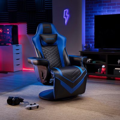 E-Gaming Racing Style Gaming Chair - Blue - LED Lights - Foot Rest