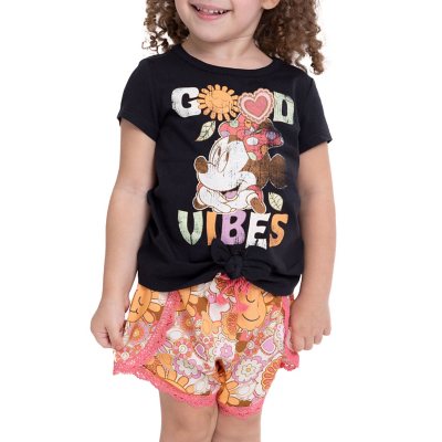2-piece Kid Girl Short-sleeve Ribbed Tee and Bowknot Design Dolphin Shorts Set