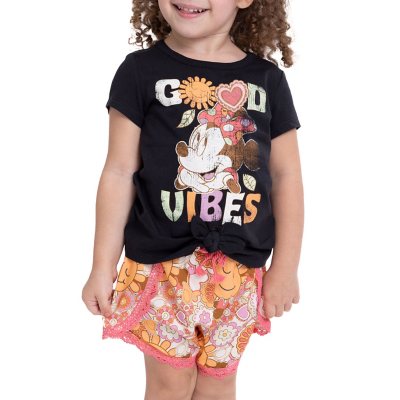 2-piece Kid Girl Short-sleeve Ribbed Tee and Bowknot Design Dolphin Shorts Set