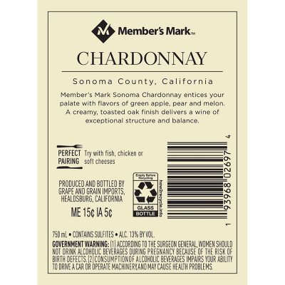 Member S Mark Sonoma County Chardonnay 750 Ml Sam S Club